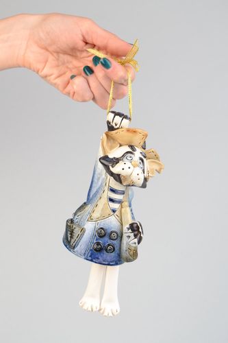 Handmade designer decorative ceramic bell colorful cat  for interior decor - MADEheart.com