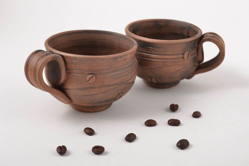 Set of 2 (two) clay coffee drinking cups with coffee beans pattern - MADEheart.com