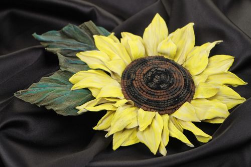Handmade designer brooch with large volume natural leather sunflower - MADEheart.com