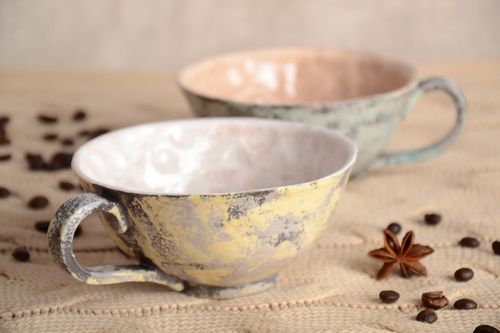 Set of 2 (two) art ceramic wide 5 oz drinking cups on beige and blue color with handles - MADEheart.com