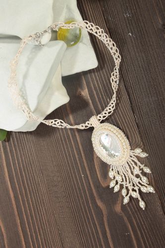 Handmade openwork necklace beaded cotton jewelry white beautiful accessory - MADEheart.com