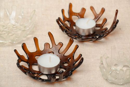 Originelle Kerzenhalter aus Glas für Teelichter Fusing Technik handmade Set 2  - MADEheart.com