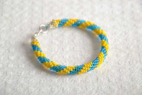 Bright yellow and blue handmade beaded cord bracelet  - MADEheart.com