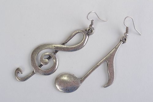 Unusual design handmade cast metal dangle earrings in the shape of notes - MADEheart.com