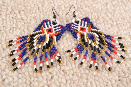 Large beaded earrings with fringe in red and blue colors with ornament - MADEheart.com