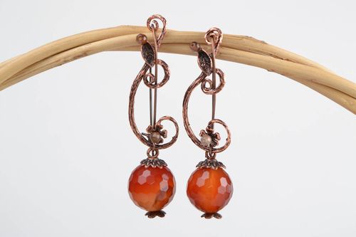 Stylish designer handmade fancy metal earrings with natural brown agate stone - MADEheart.com