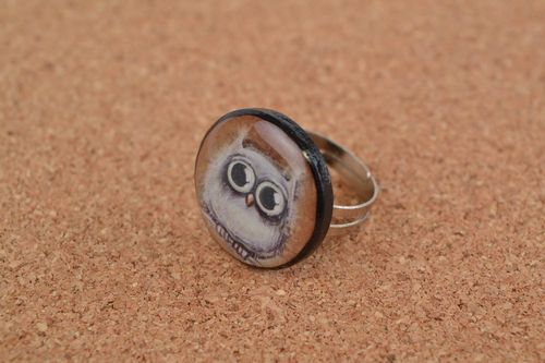 Кольцо из полимерной глины с декупажем круглое с совой красивое ручной работы - MADEheart.com