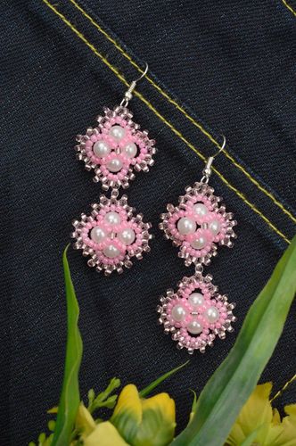 Розовые серьги ручной работы серьги из бисера и бусин модные серьги нарядные - MADEheart.com