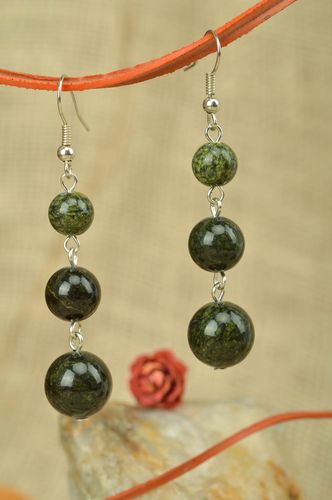 Handmade designer long dangle earrings with dark green glass beads for women - MADEheart.com