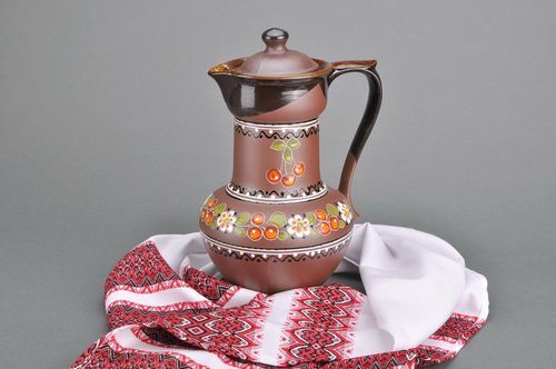 Large hand-painted ceramic 100 oz jug in brown color with handle and lid 3 lb - MADEheart.com