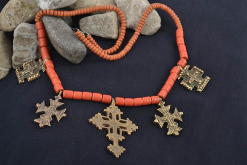 Handmade designer coral necklace with five bronze cross pendant charms for women - MADEheart.com