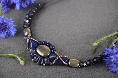 Handmade beaded leather necklace unusual stylish jewelry cute massive necklace - MADEheart.com