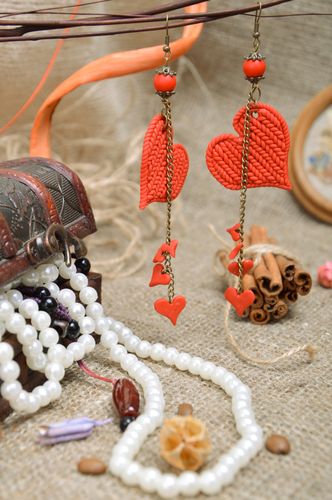 Long handmade earrings with red heart charms and with  knitted texture - MADEheart.com
