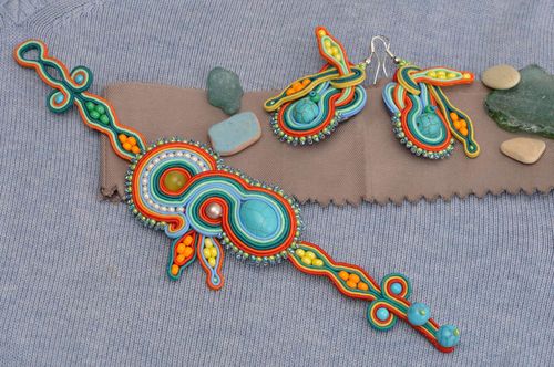 Unusual earrings handmade soutache bracelet designer jewelry set for women - MADEheart.com