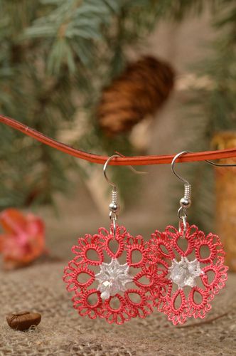 Crocheted tatting earrings small pink handmade summer accessory for girls - MADEheart.com