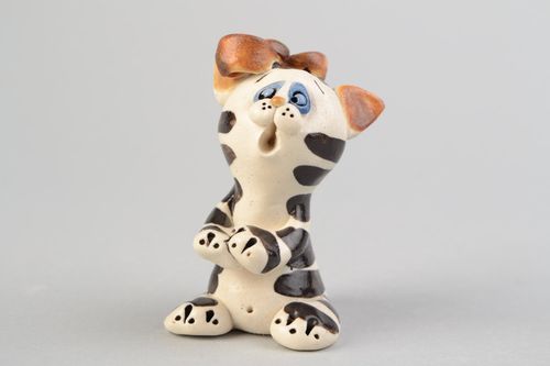 Handmade ceramic painted figurine cat with bow for interior decor - MADEheart.com