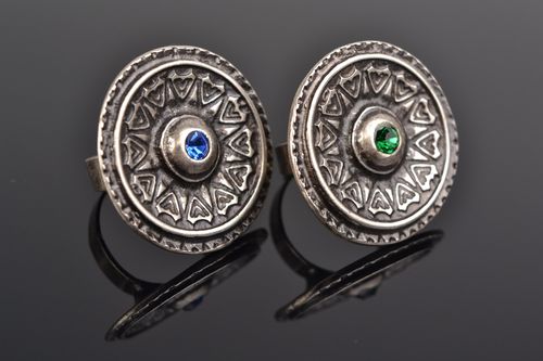 Set of 2 handmade round rings cast of hypoallergenic metal with rhinestones - MADEheart.com
