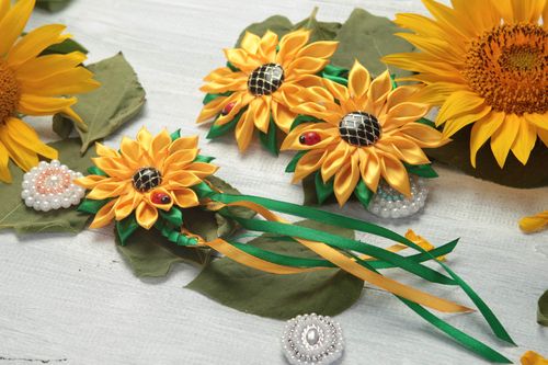 Handmade jewelry set 3 flower hair ties flower bracelet kanzashi flowers  - MADEheart.com