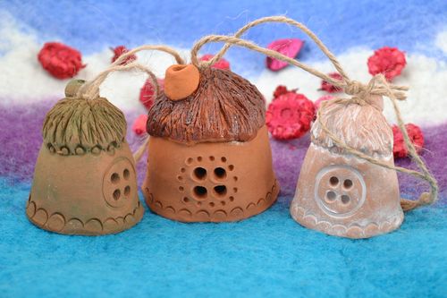 Set of 3 handmade decorative ceramic bells in the shape of small rural houses  - MADEheart.com