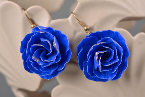 Handmade designer polymer clay bright blue flower earrings with hook ear wires - MADEheart.com