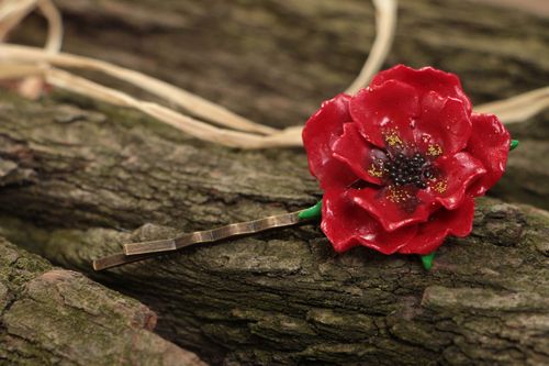 Handmade hairpins with poppy flower made of polymer clay stylish hair accessory - MADEheart.com