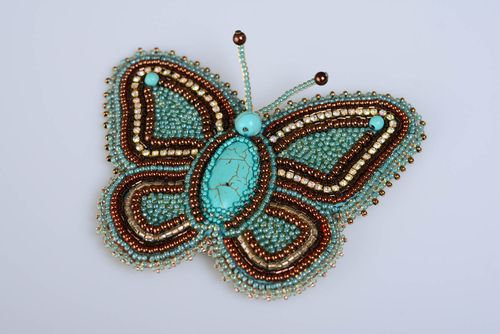 Handmade designer blue and brown bead embroidered brooch with turquoise Butterfly - MADEheart.com