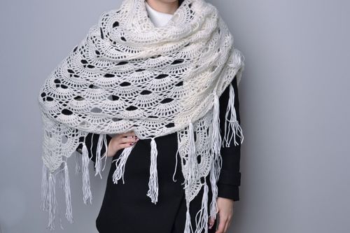 Warm lacy handmade womens shawl crocheted of white semi-woolen threads - MADEheart.com