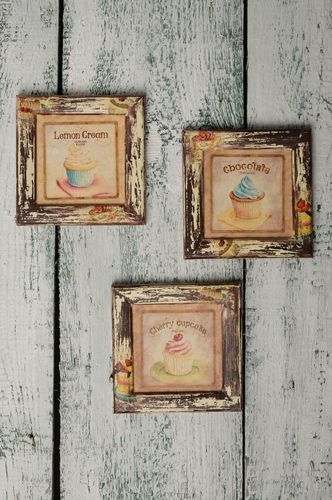 Tableaux muraux décoratifs faits main en bois serviettage image de gâteaux - MADEheart.com