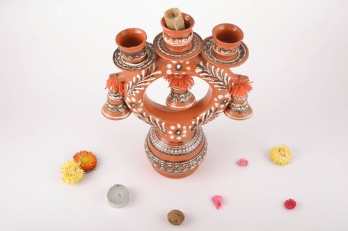 Grand bougeoir en céramique brun à trois branches peint fait main original   - MADEheart.com