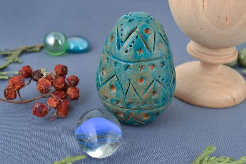 Handmade decorative ornamented egg molded of red clay painted with acrylics - MADEheart.com