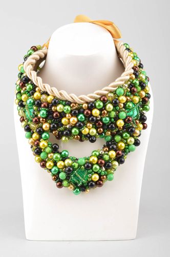 Handmade festive green necklace made of large and seed beads on repp ribbon - MADEheart.com