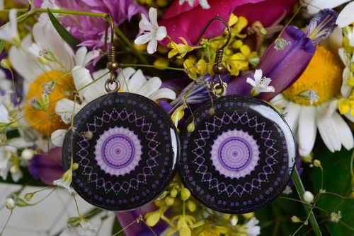 Earrings made of polymer clay with decoupage handmade black with purple jewelry - MADEheart.com