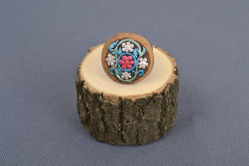 Handmade painted clay ring with open metal fittings - MADEheart.com