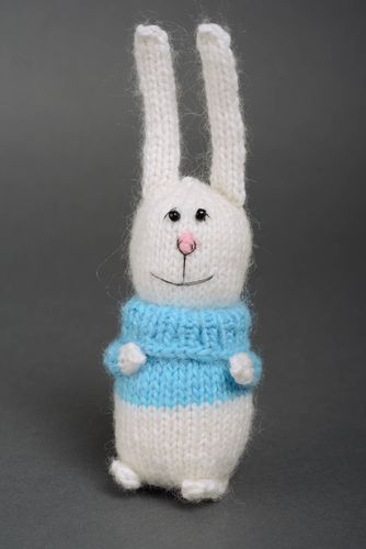 Handmade designer acrylic and wool knitted soft toy hare for children - MADEheart.com