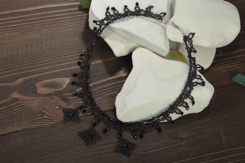 Handmade cotton necklace black festive accessory openwork textile jewelry - MADEheart.com