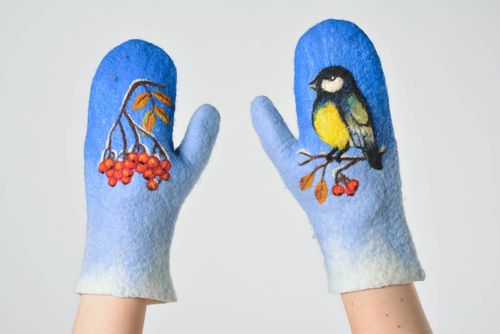 Handmade felted mittens wool knit mittens wool mittens mittens with a bird image - MADEheart.com