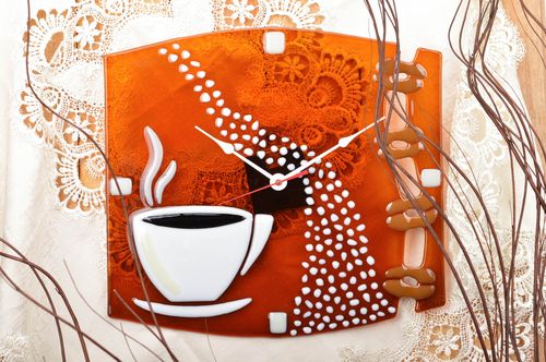 Handmade designer square brown and orange fused glass wall clock with coffee cup - MADEheart.com