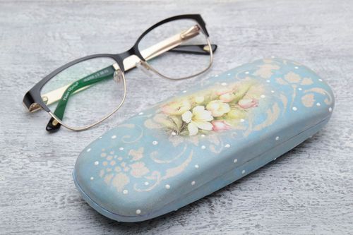Unusual handmade painted blue plastic eyeglass case fitted with artificial leather - MADEheart.com