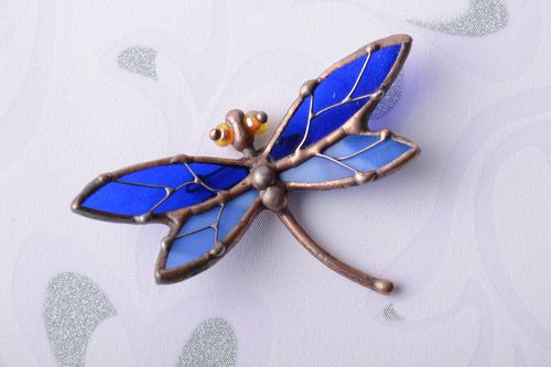 Stained glass brooch in the shape of blue dragonfly - MADEheart.com