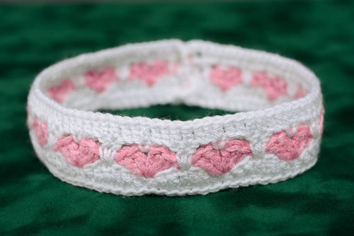 Beautiful gentle white and pink handmade designer childrens knitted headband for girl - MADEheart.com