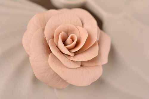 Handmade designer jewelry ring with volume large beige polymer clay flower  - MADEheart.com
