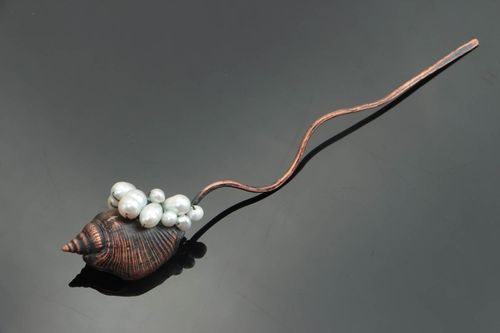 Handmade designer decorative copper hair pin with fresh water pearls and shell - MADEheart.com