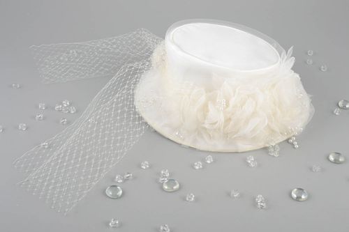 Unusual small handmade stylish designer bridal hat with veil of milky color - MADEheart.com