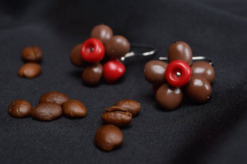 Handmade brown accessory earrings in shape of coffee beans designer jewelry - MADEheart.com