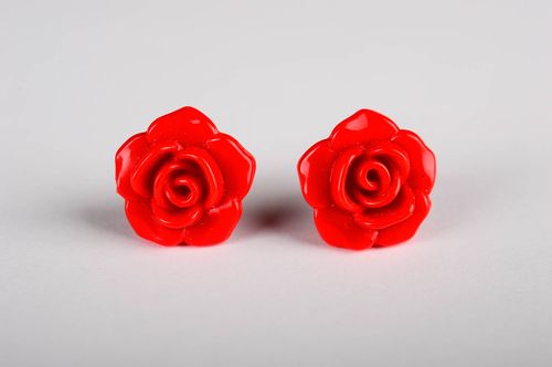 Handmade red bright earrings unusual summer jewelry plastic stud earrings - MADEheart.com