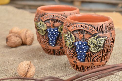 Set of 2 handmade designer molded clay glasses with painting 200 ml each - MADEheart.com