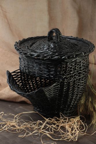 Handmade black decorative basket with lid woven of paper tubes of unusual shape - MADEheart.com