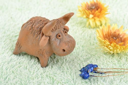 Handmade small collectible ceramic figurine of bull painted with acrylics  - MADEheart.com