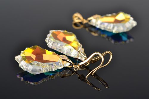 Handmade yellow evening beaded earrings and pendant with Austrian crystals 2 items designer jewelry set - MADEheart.com
