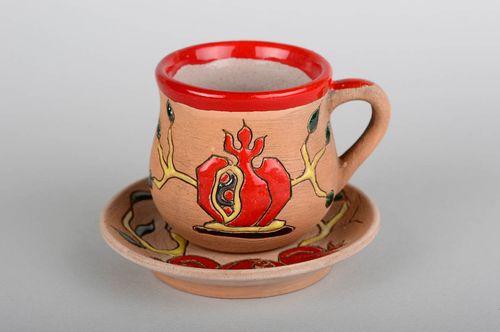 5 oz ceramic handmade drinking mulled wine cup with handle and saucer - MADEheart.com